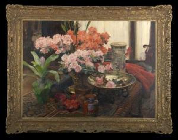 Still Life With Azaleas, 
Roses, 
Cyclamens, 
Bromeliad And Chinese Porcelain Group On A Draped Table Oil Painting by Herman Richir