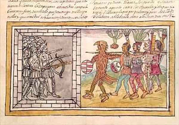 Codex Duran Pedro de Alvarado companion at arms of Hernando Cortes besieged by Aztec warriors Oil Painting by Diego Duran