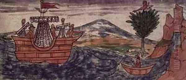 Fol 197v An Indian spy observes the arrival of a Spanish ship on the Mexican coast Oil Painting by Diego Duran