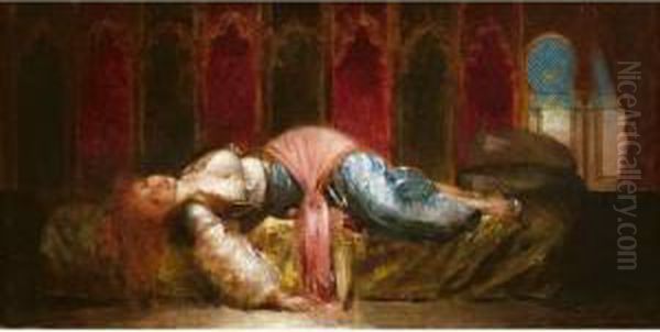 Odalisque Alanguie . Oil Painting by Edouard Frederic Wilhelm Richter