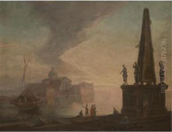 A Capriccio View Of The Venetian
 Lagoon With San Giorgio Maggiore Seen From The Bacino Di San Marco, 
Figures In Oriental Dress Standing On A Quay Beside An Obelisk Adorned 
With Statues Oil Painting by Giovanni Richter