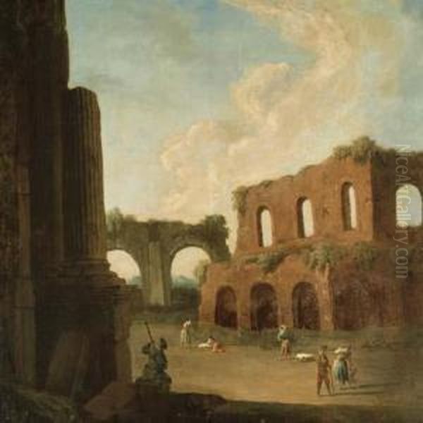 A Capriccio With Figures Amongst Ruins Oil Painting by Giovanni Richter