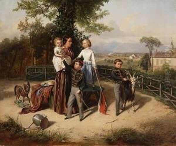 Junge Frau Mit Vier
 Kindern Oil Painting by Wilhelm Richter