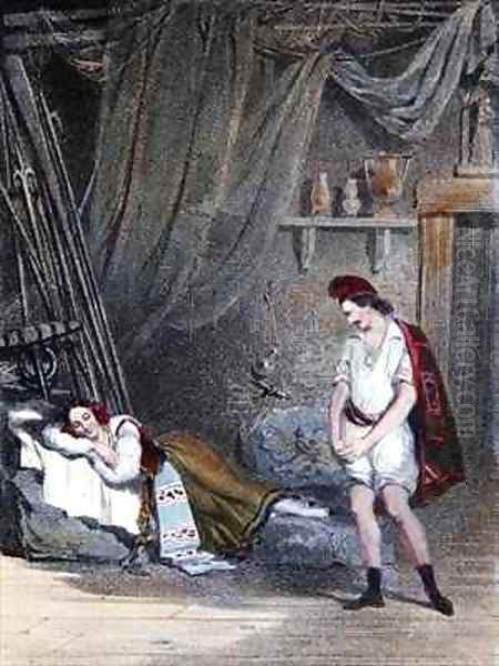 Scene depicting the mute girl Fenella asleep in a hut with her brother Masaniello Oil Painting by Emile Deshays