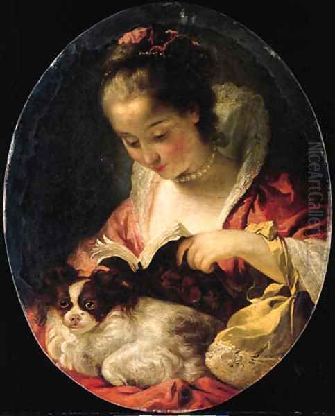 'La Lecture' A young woman reading with a dog on her knees Oil Painting by Gabriel Francois Doyen