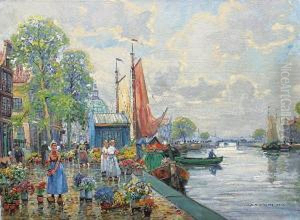 A Flower Market In Amsterdam Oil Painting by F.M. Richter-Reich