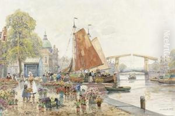 Blumenmarkt An Einer Gracht In Amsterdam. Oil Painting by F.M. Richter-Reich