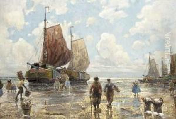 Dutch Fisherfolk Unloading The Catch Oil Painting by F.M. Richter-Reich