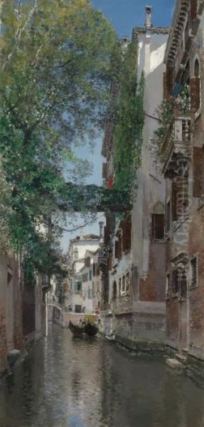 A Venetian Canal Scene Oil Painting by Martin Rico y Ortega