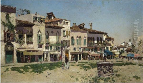 Plaza De Un Pueblo (a Spanish Village) Oil Painting by Martin Rico y Ortega