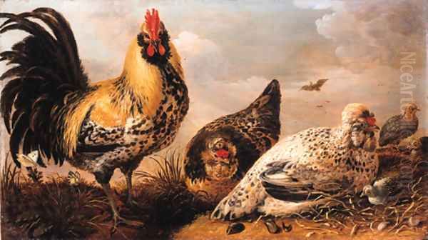 A hen and chicks in a landscape Oil Painting by Gijsbert Gillisz D'Hondecoeter