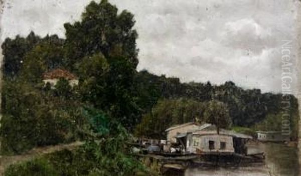 Casas A La Orilla Del Rio Oil Painting by Martin Rico y Ortega