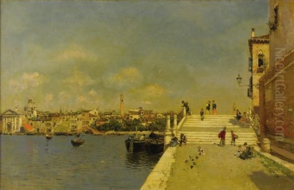 Promenade On The Canal Oil Painting by Martin Rico y Ortega