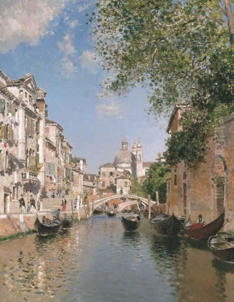 Gondolas On A Canal, Venice Oil Painting by Martin Rico y Ortega