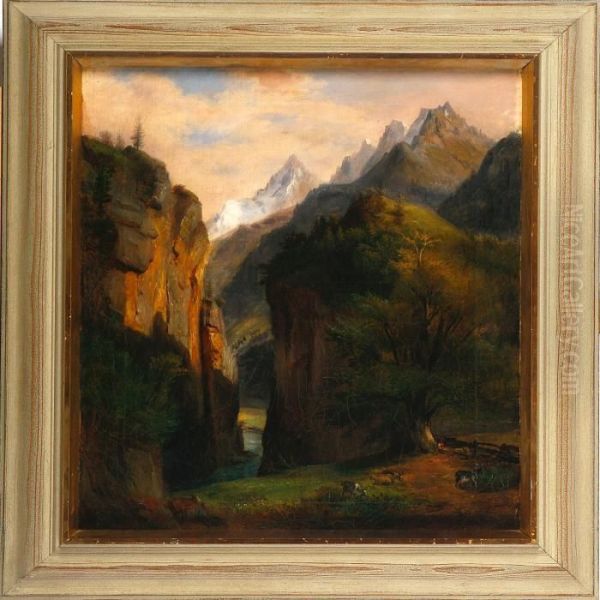 A Mountain Scenery With Goat And Shephard Oil Painting by Francois Edme Ricois