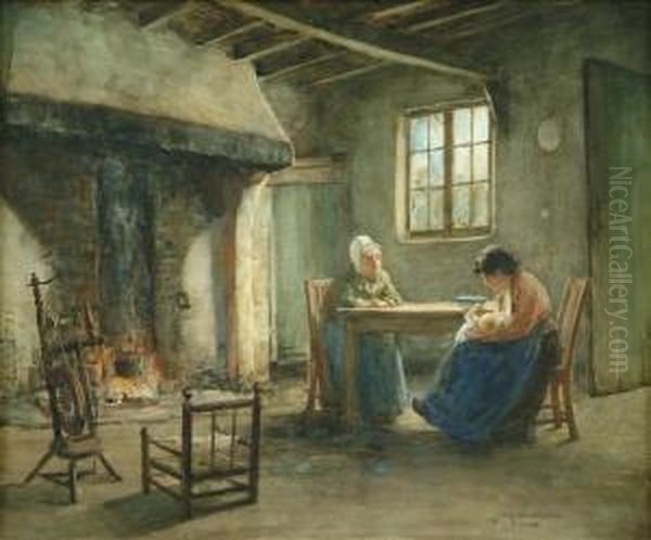 Cottageinterior With Figures And Baby Oil Painting by James Riddel