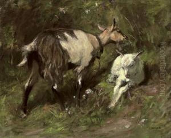 A Goat With Her Kid Oil Painting by James Riddel