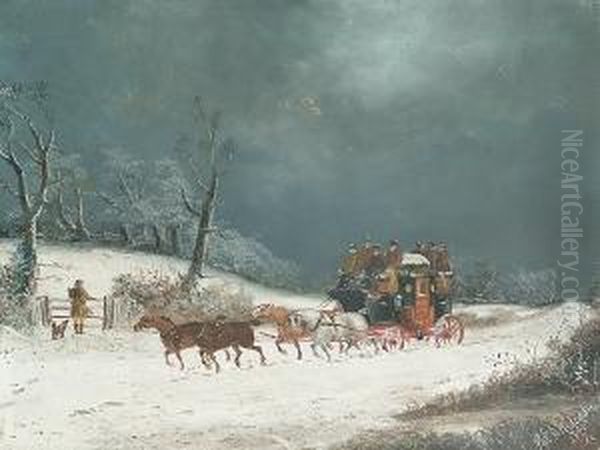 A Stagecoach In A Winter Landscape Oil Painting by Philip H. Rideout