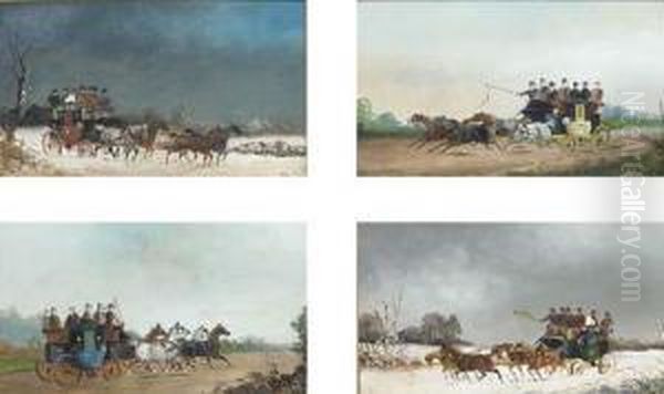 A Set Of Four Winter And Summer 
Coaching Scenes; And A Set Of Fourracing And Coaching Scenes Oil Painting by Philip H. Rideout