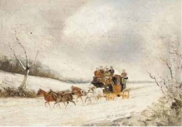 A Stage Coach In A Winter Landscape; And A Stage Coach In A Summerlandscape Oil Painting by Philip H. Rideout