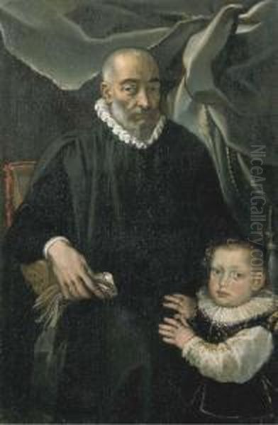 Ritratto Di Gentiluomo Con Gorgiera E Bambino Al Suo Fianco Oil Painting by Claudio Ridolfi