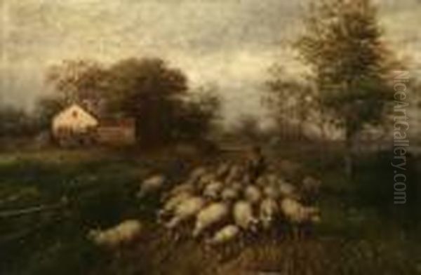 Shepherd With Flock Oil Painting by George A.E., Geo Riecke