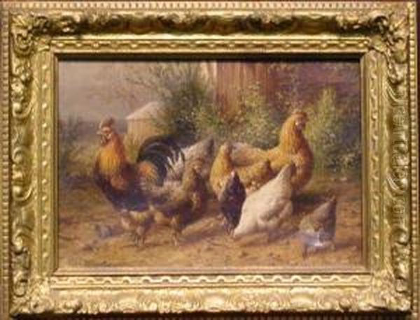 Barnyard Fowl Oil Painting by George A.E., Geo Riecke