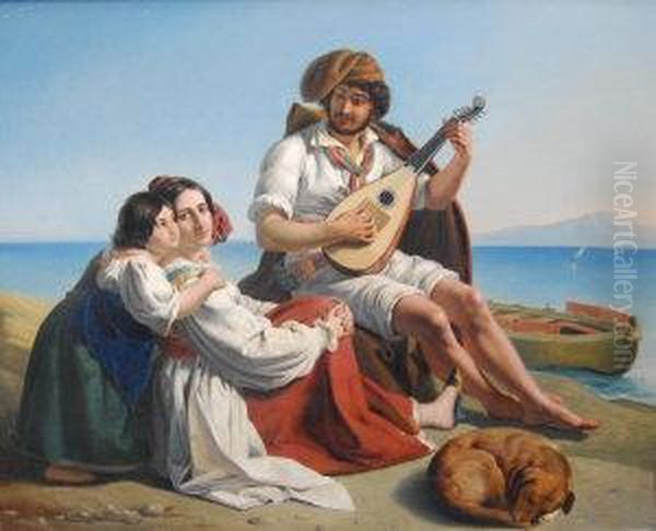 A Musician And Two Women Seated On The Shores Of Theneapolitan Coast Oil Painting by August Riedel