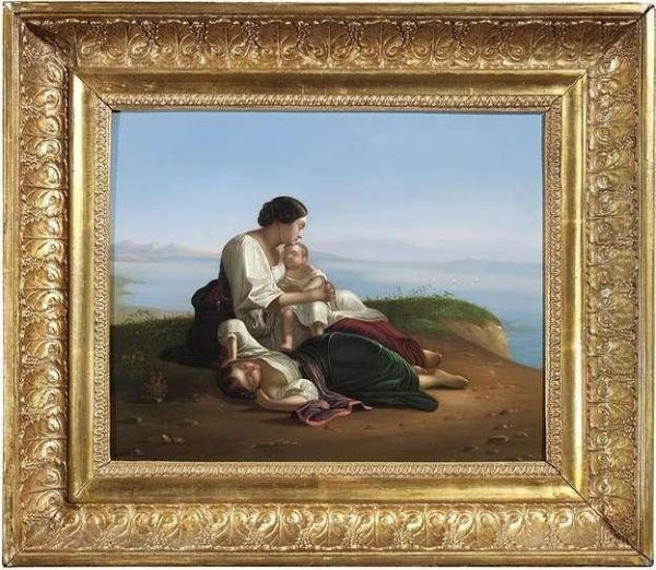 Italian Woman With Her Two Children At Seashore Oil Painting by August Riedel