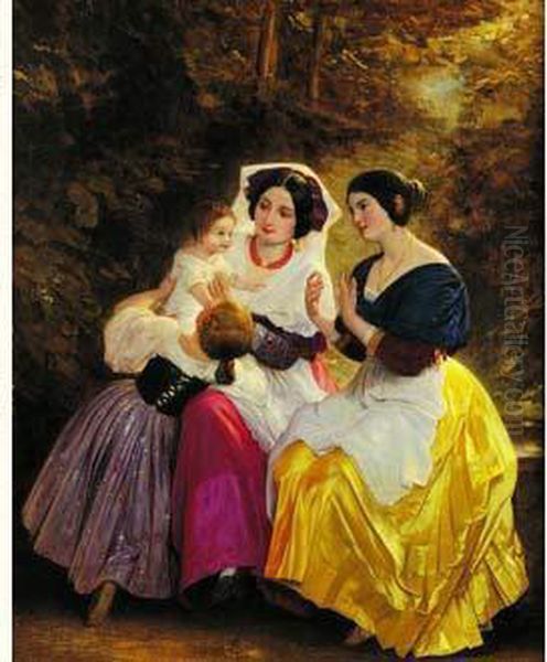 Deux Jeunes Femmes Jouant Avec Des Enfants Dans Un Sous Bois Oil Painting by August Riedel