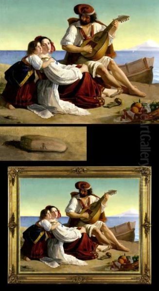 Neapolitanische Musizierende Familie Am Strand Oil Painting by August Riedel