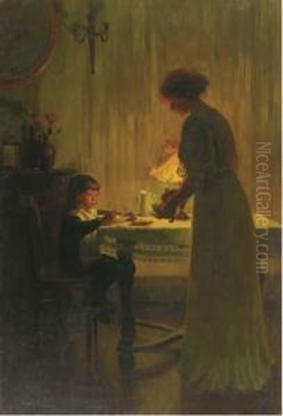 A Child's Supper Oil Painting by Marcel Rieder