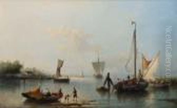 Dutch River Scenewith Figures And Shipping Oil Painting by Nicolaas Riegen