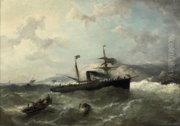 A Steamer In Heavy Weather Oil Painting by Nicolaas Riegen