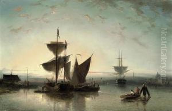 Shipping On A Calm Near A Harbour Oil Painting by Nicolaas Riegen