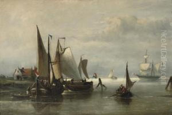 Barges Moored In A Calm Oil Painting by Nicolaas Riegen