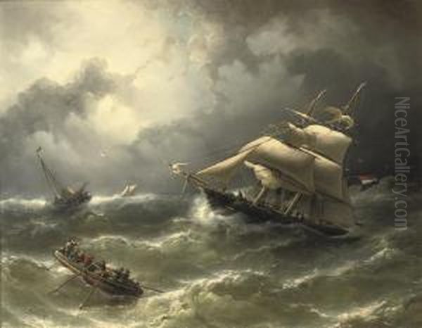 A Two-master Caught In Stormy Weather Oil Painting by Nicolaas Riegen