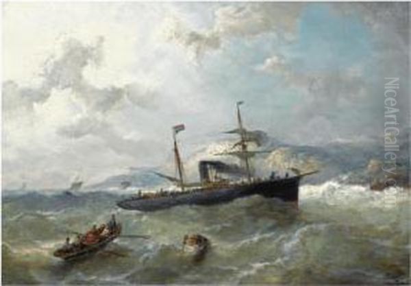 Shipping Off The Coast In Choppy Waters Oil Painting by Nicolaas Riegen