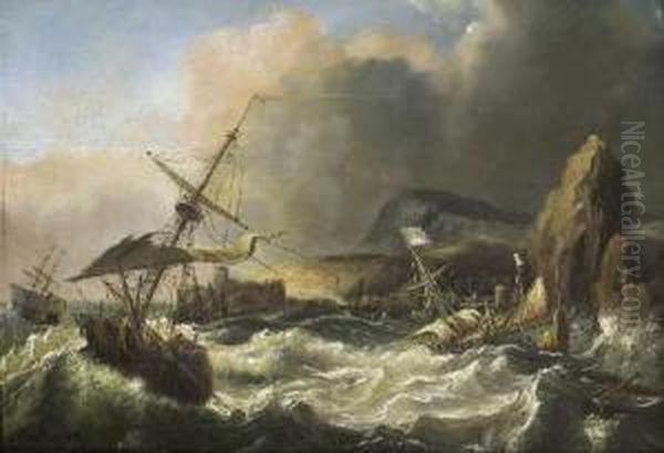 Segelschiffe Vor Sturmischer Meereskuste. Oil Painting by Nicolaas Riegen