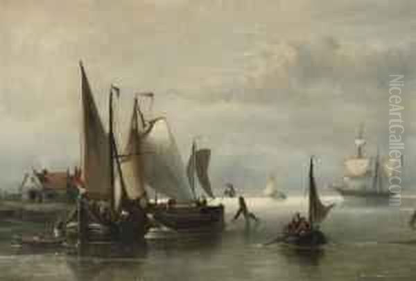 Barges Moored On A Calm Oil Painting by Nicolaas Riegen