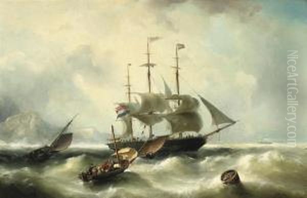 A Three-master On Choppy Waters Oil Painting by Nicolaas Riegen