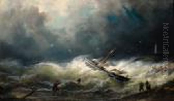 Shipwreck On Stormyshore Oil Painting by Nicolaas Riegen