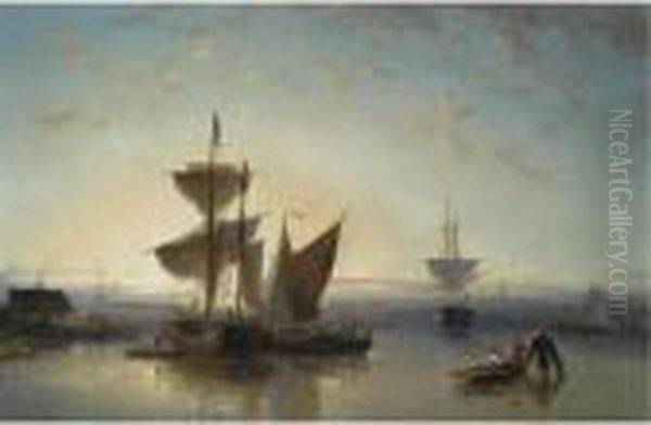 Moored Sailing Vessels, A Town In The Background Oil Painting by Nicolaas Riegen