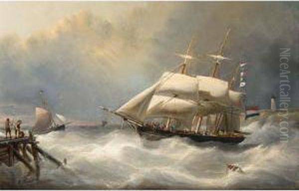 A Three-master On Choppy Seas Oil Painting by Nicolaas Riegen