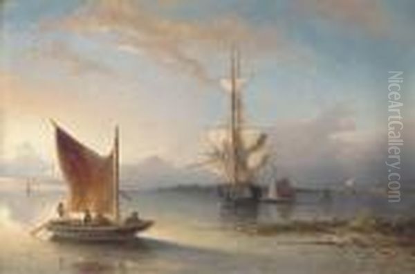 A Dutch Merchantman Drying Her Sails In The Estuary Oil Painting by Nicolaas Riegen