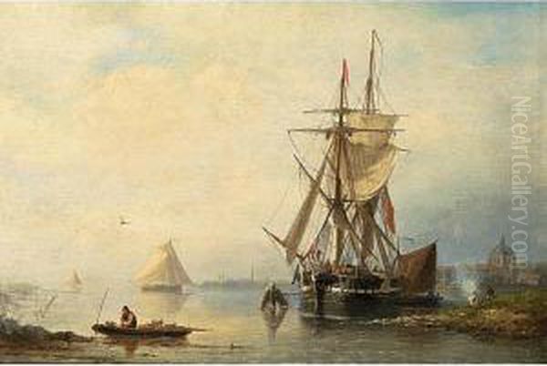 Shipping In An Estuary Oil Painting by Nicolaas Riegen