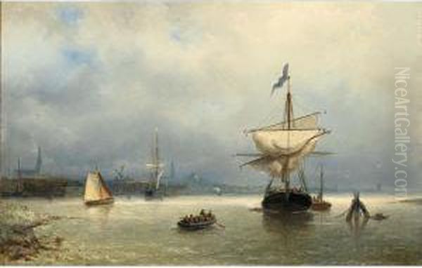 Sailing Vessels In An Estuary, Amsterdam In The Distance Oil Painting by Nicolaas Riegen