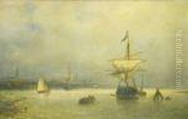 Shippingin An Estuary By A City Oil Painting by Nicolaas Riegen