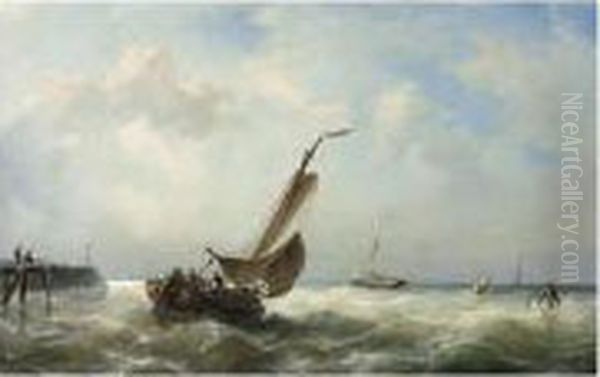 Sailing Vessels On Choppy Waters Oil Painting by Nicolaas Riegen