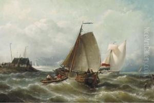 Shipping On Choppy Waters By A Coast Oil Painting by Nicolaas Riegen